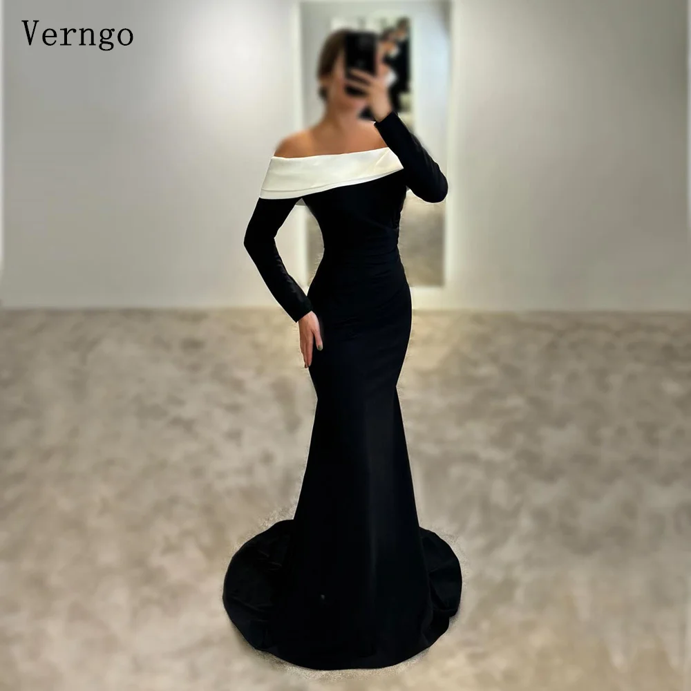 

Verngo Black White Crepe Prom Gowns Off The Shoulder Mermaid Full Sleeves Evening Party Dresses Women Simple Evening Dress