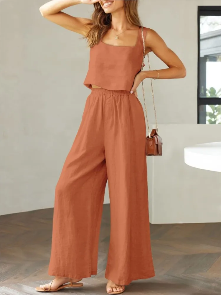 Fashion Square Collar Halters Vest Wide Leg Trousers Suit Women Summer Casual Simple Sleeveless Solid ColorTop Female 2piece Set