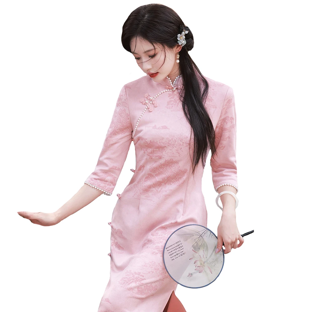 2024 Autumn/Spring New Improved Cheongsam Dress 3/4 Sleeves Long Traditional Qipao Evening Dresses Chinese Vintage Qipao Costume