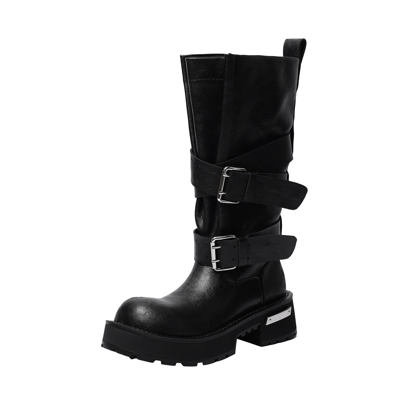 Botas de montar con plataforma de piel de vaca negra para otoño, de la marca Arden Furtado, con punta redonda, diseño sin cordones, tacón medio, hebilla y caña alta.
