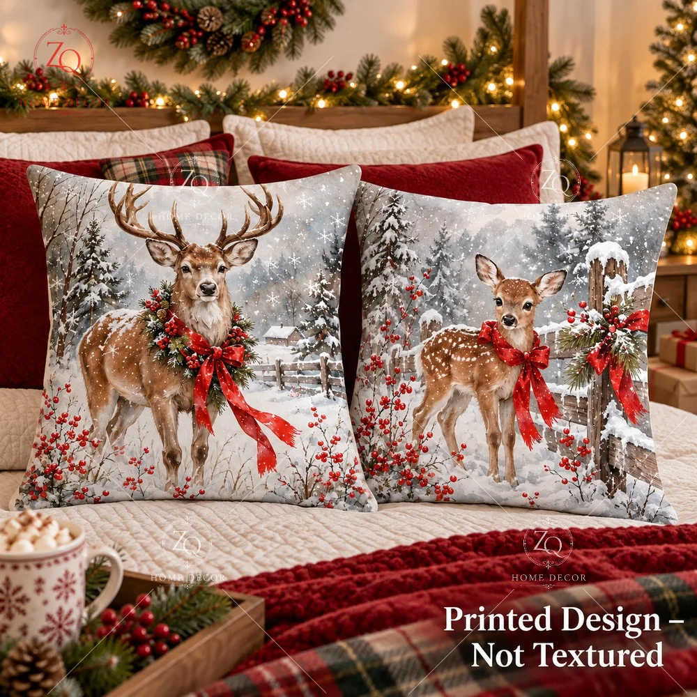 Winter Forest Deer Throw Pillowcase 2D Flat Printed Peach Skin Pillow Cover Red Bow Cushion Cover For Couch Sofa Home Decor