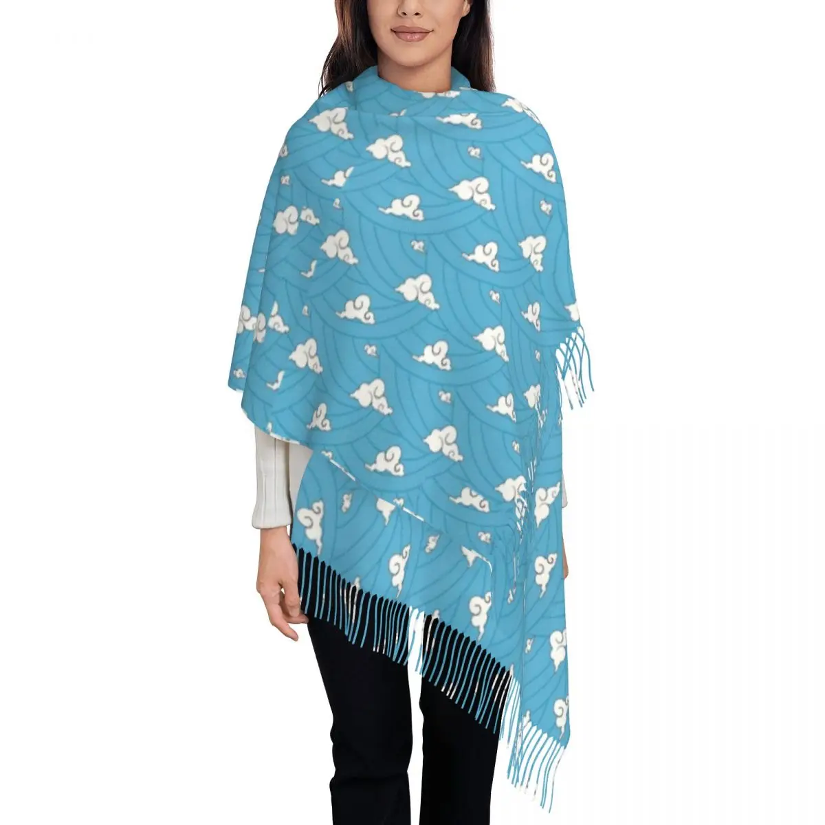 

Blue Kimono Pattern Scarf with Long Tassel Janpan Anime Art Warm Shawl Wrap Lady New Scarves Wraps Autumn Fashion Bufanda Mujer