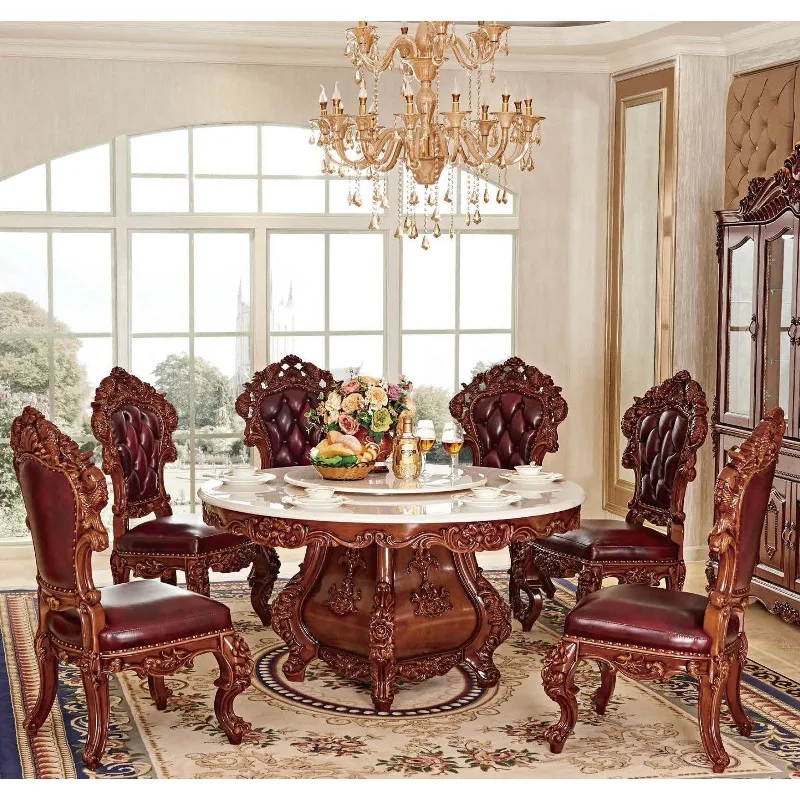 European Luxury Classic Dining Room Furniture Table Chair Set Ancient Royal Carved Wood Frame Dining Table With 6 Leather Chairs