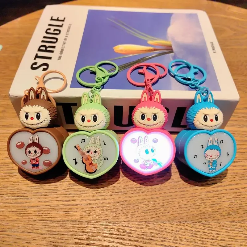 POP MART Labubu Luminous Love Keychain for Boys Girls Anime Cartoon Night Light Key Ring Bags Decorative Pendant Kawaii Gifts