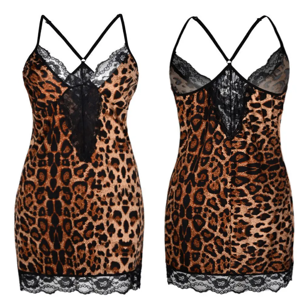 Plus Size Erotic Lingeries Womens Sexy Leopard Printed Lace Babydoll Nightdress Nightwear Nightgowns Mini Dress Exotic Costumes