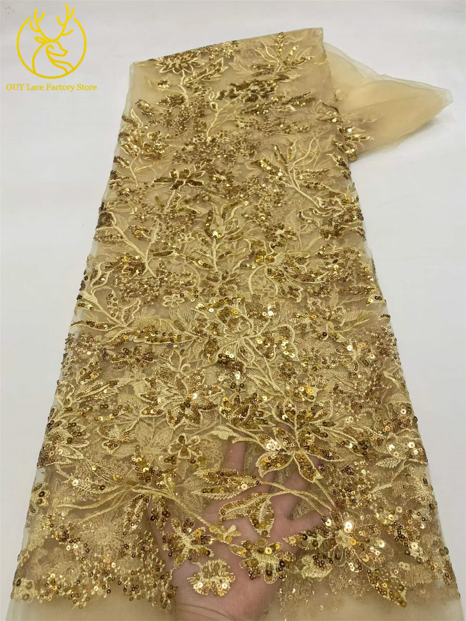 Goldener Luxus-Tüllstoff mit französischer Stickerei und Pailletten, afrikanischer Pailletten-Mesh-Tüllstoff zum Nähen von Hochzeits- und Abendkleidern – Detail 6
