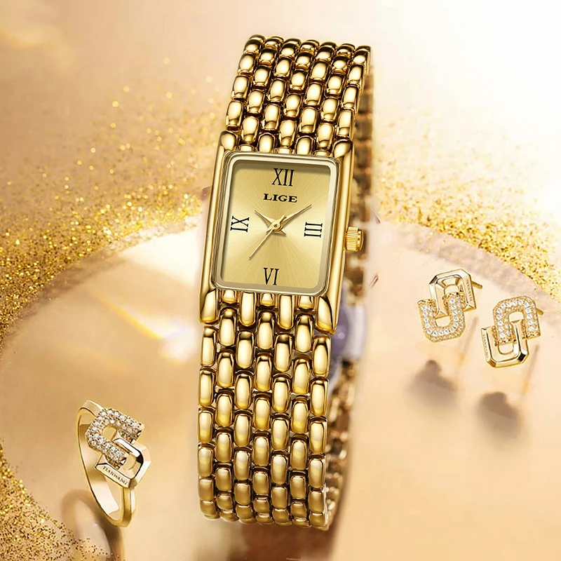 LIGE 2025 новые золотые кварцевые часы для женщин, модные водонепроницаемые женские часы-браслет из нержавеющей стали, спортивные квадратные часы Montre Femme