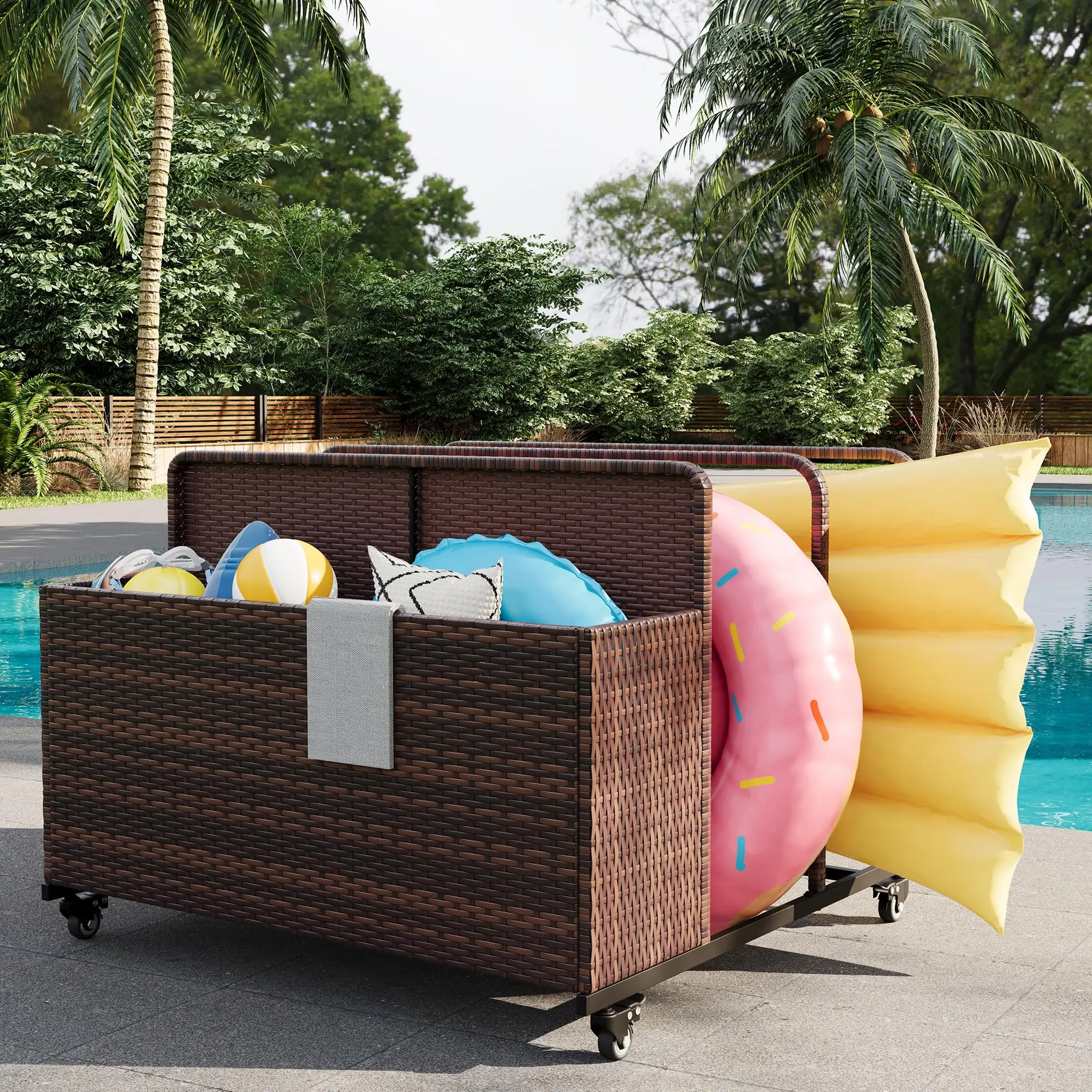 

Outdoor Rolling PE Rattan Pool Caddy, Wicker Patio Poolside Float Storage Organizer for Floaties, Noodles, Life Vests, Beach Balls, Toy