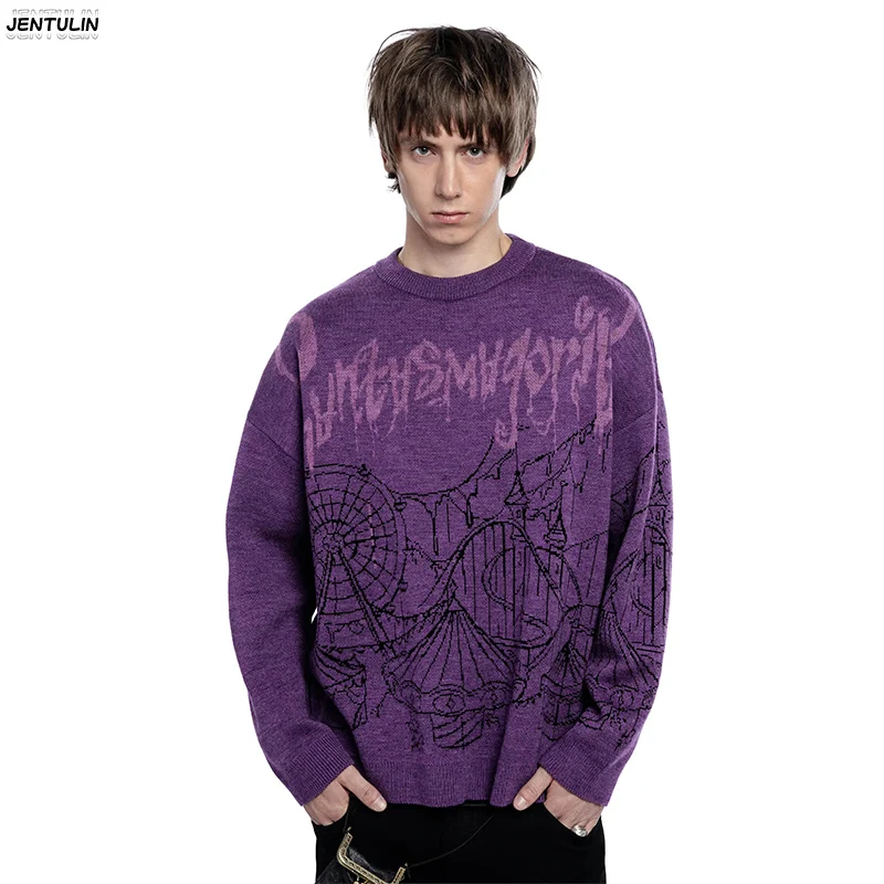 

Men Purple Sweater Y2K Gothic Knit Oversized Pullovers Gothic Jumper Winter Graphic Streetwear Long Sleeve Tops Vintage Clothing