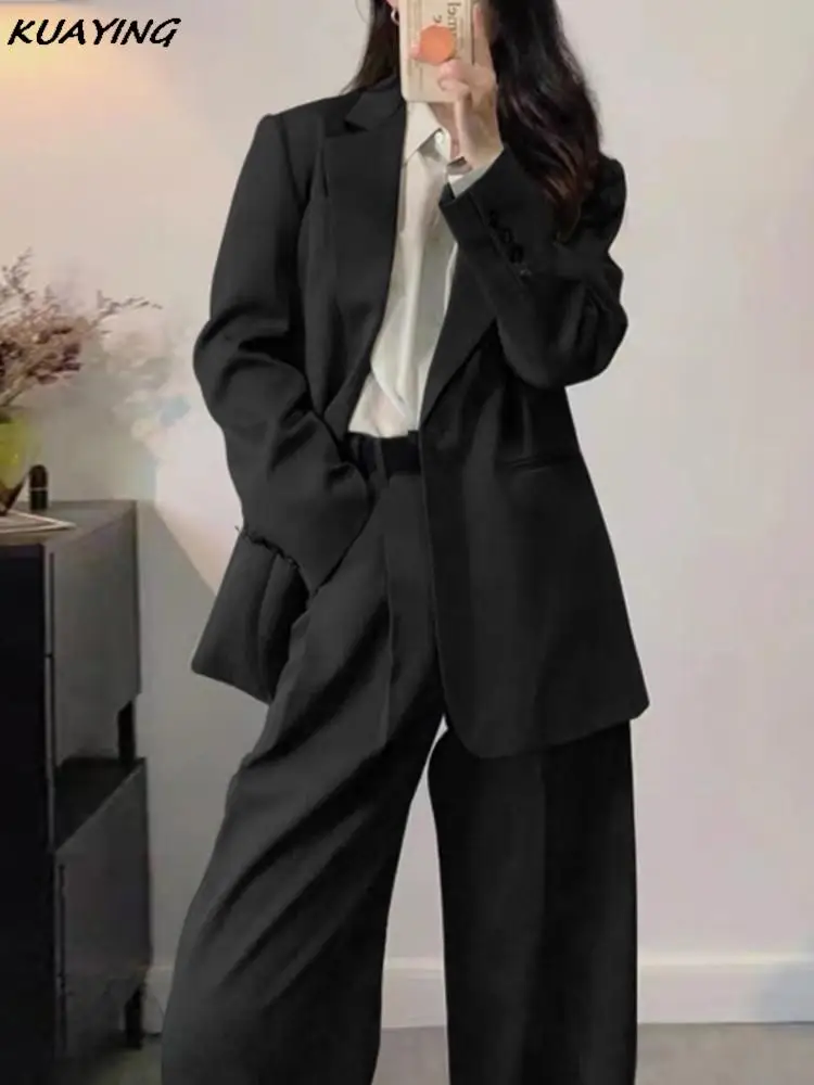 Woman Office Clothes Two Pieces Set Chic Casual Loose Business Blazer Wide Leg Pantsuit Fashion Korean Trousers Formal Suit