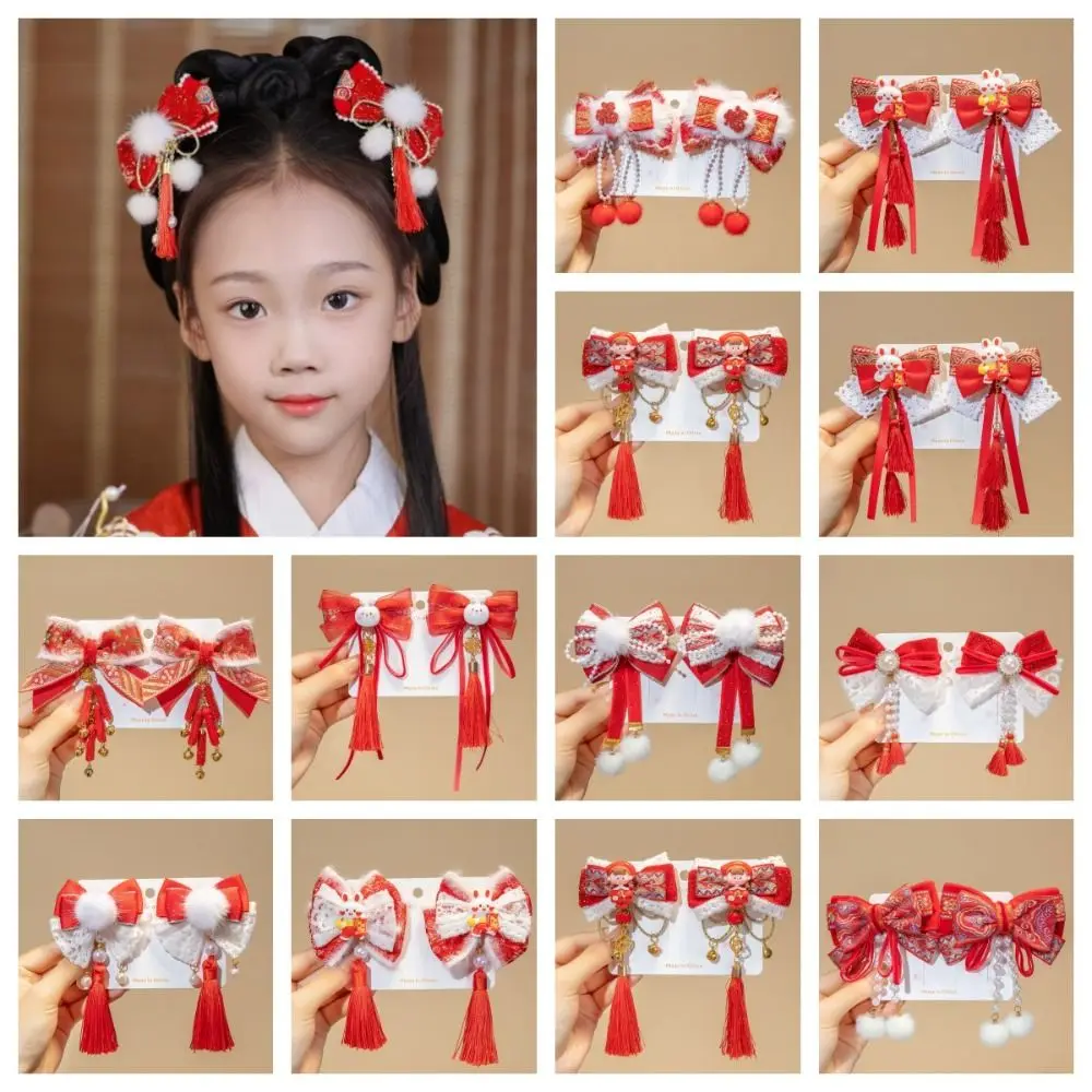 Tassel Children Red Bow Hairpin Plush Fan Hanfu Hair Sticks Girl Hair Accessories Tang Suit Hair Clip Chinese New Year Headwear