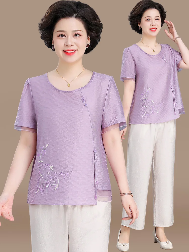 

Летний модный комплект из хлопка и льна с коротким рукавом для мам, традиционный китайский стиль, женский комплект из топа и брюк для женщин среднего возраста