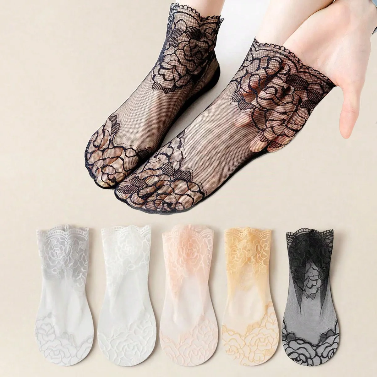 5 Paar transparente Spitzensocken für Damen, Sommer, dünnes Netz, unsichtbare Socken, Rüschen, Blumen, atmungsaktiv, modisch, niedrige Knöchelsocken für Damen