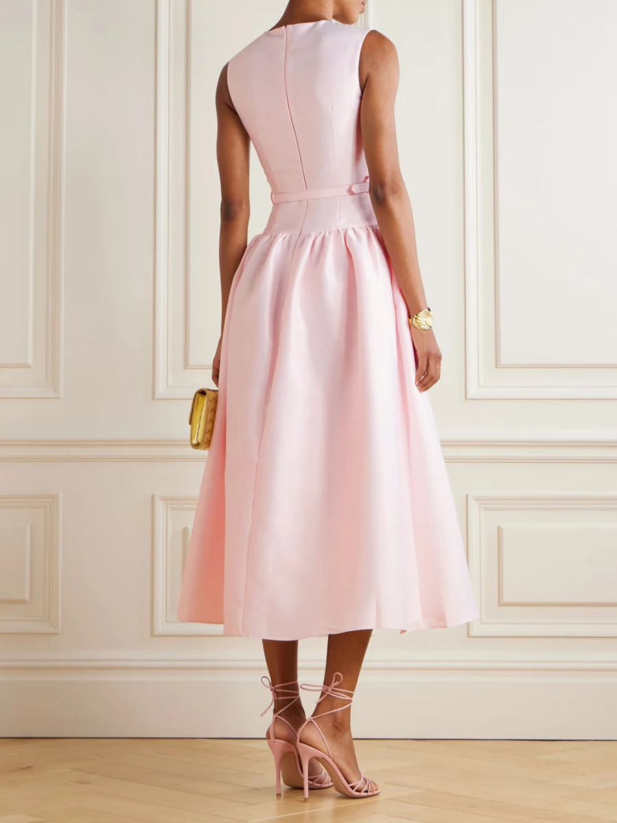 VGH Rosa Farbe Elegantes Midikleid für Frauen Rundhals Ärmellos Patchwork Schärpen Tunika Süße Party-Stil Kleider Weiblicher Stil