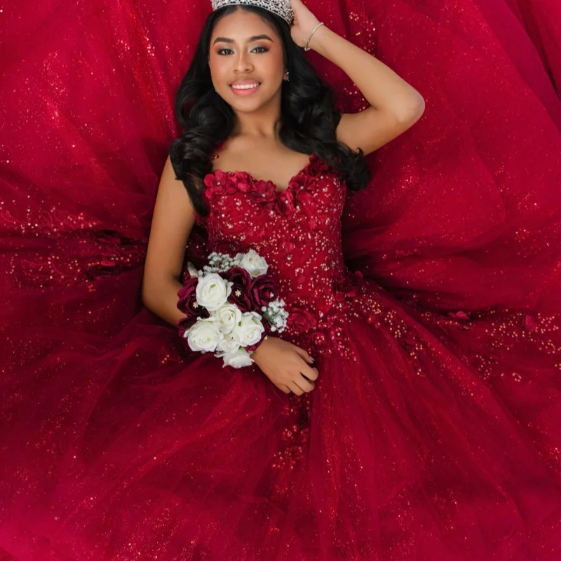 

Shiny Red Quinceanera Dresses Off the Shoulder Glitter 3D Flower Decal Long tail Bow Vestidoe 15 Quinceanera Customize