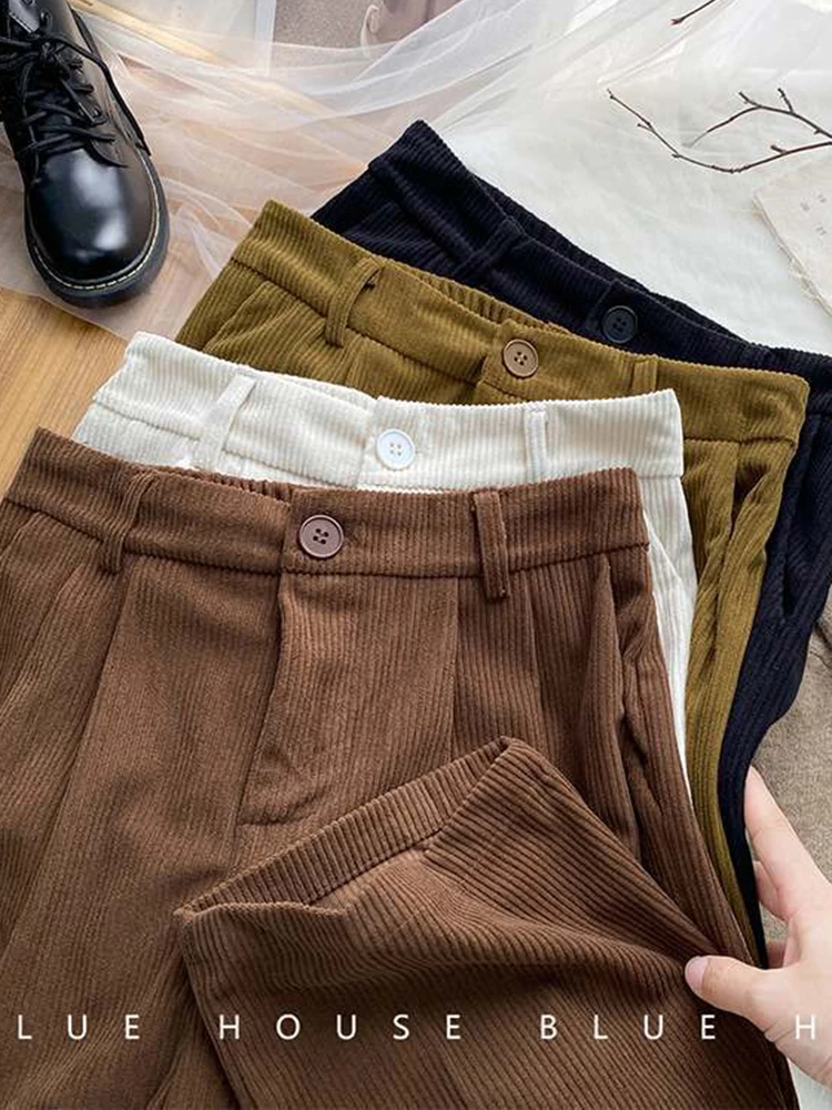 ZOKI High Waist Women Retro Corduroy Pants Fall Straight Causal Full Length Trousers Vintage Coffee Pockets All Match Pants New