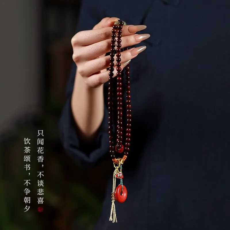 Chinese Style Good Luck Small Leaf Red Sandalwood 108 Beads Bracelet Necklace Unisex Blessing Fortune Peace Buckle Prayer Jewelr