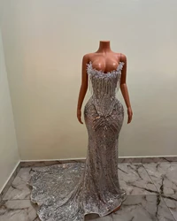 Silver Mermaid Long Prom Dresses 2025 For Black Girls Corset Strapless Sequin Crystal Tassel Evening Gowns For Party Customized