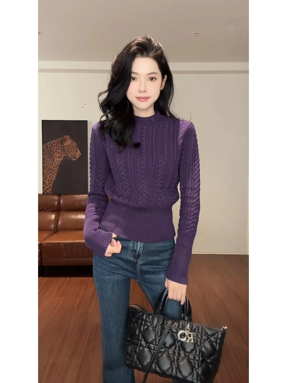 Women's Thiened Knitted Sweater Autumn Winter Casual Sle Turtlene Twist Waist Inward Wearing Long Sve round Ne Top