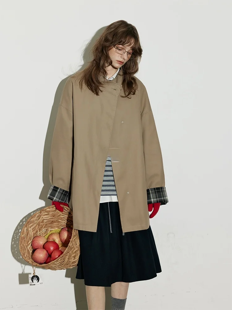 

BMLT Moka Phan, корейская ветровка цвета хакиен, хлопковое клетчатое пальто с манжетами средней длины и воротником-стойкой, осеннее новое поступление, женское пальто