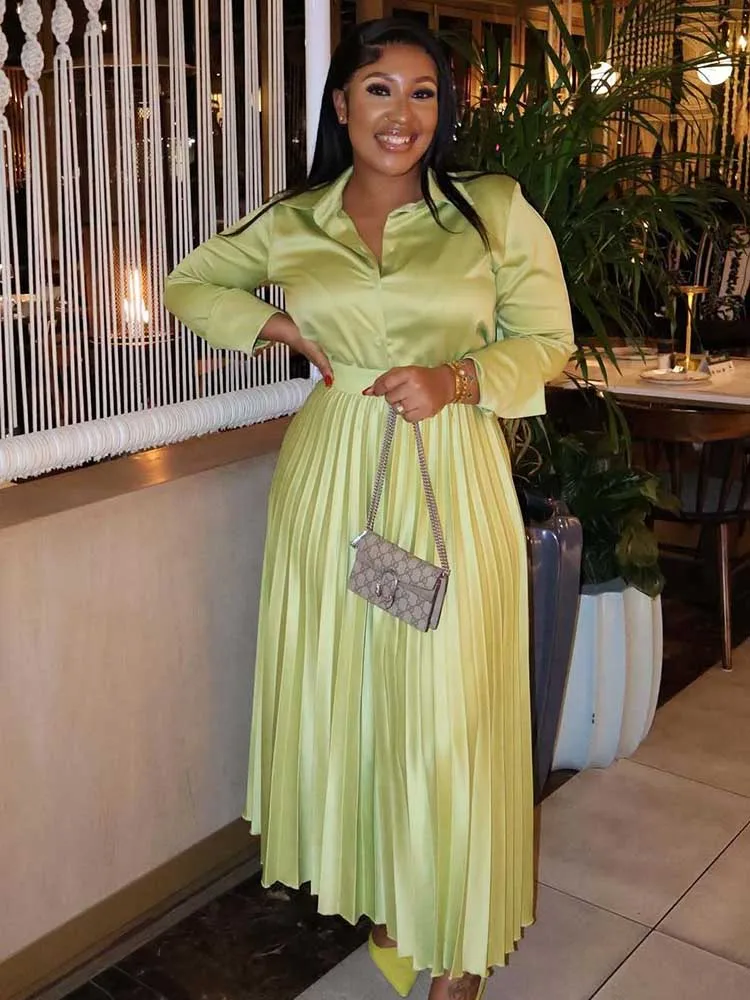 

Женская одежда, летние комплекты с платьем, плиссированные шикарные элегантные комплекты с длинной юбкой и рубашкой для женщин, светло-зеленые атласные комплекты платьев