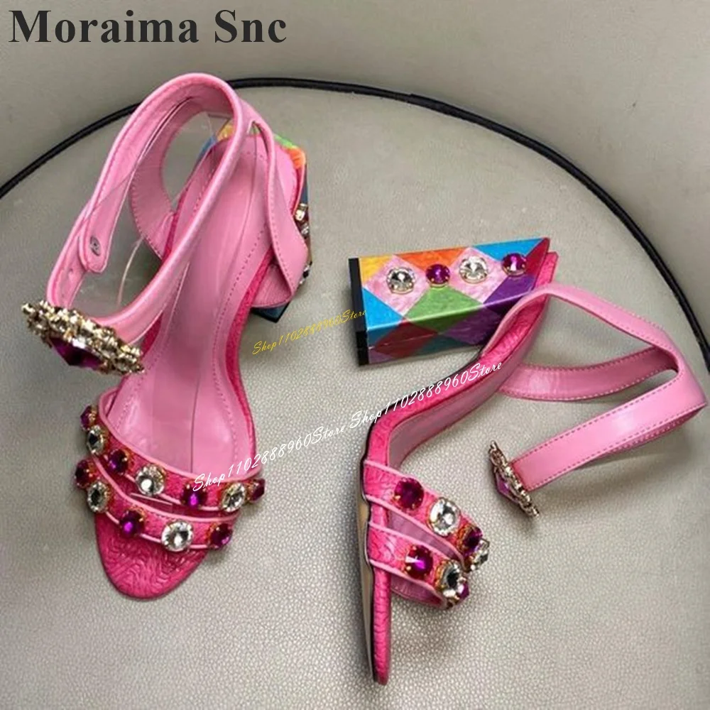 

Luxury Pink Sparkling Crystal Decor Sandals Chunky High Heel Women Shoes Ankle Buckle Strap Open Toe 2024 Zapatos Para Mujere