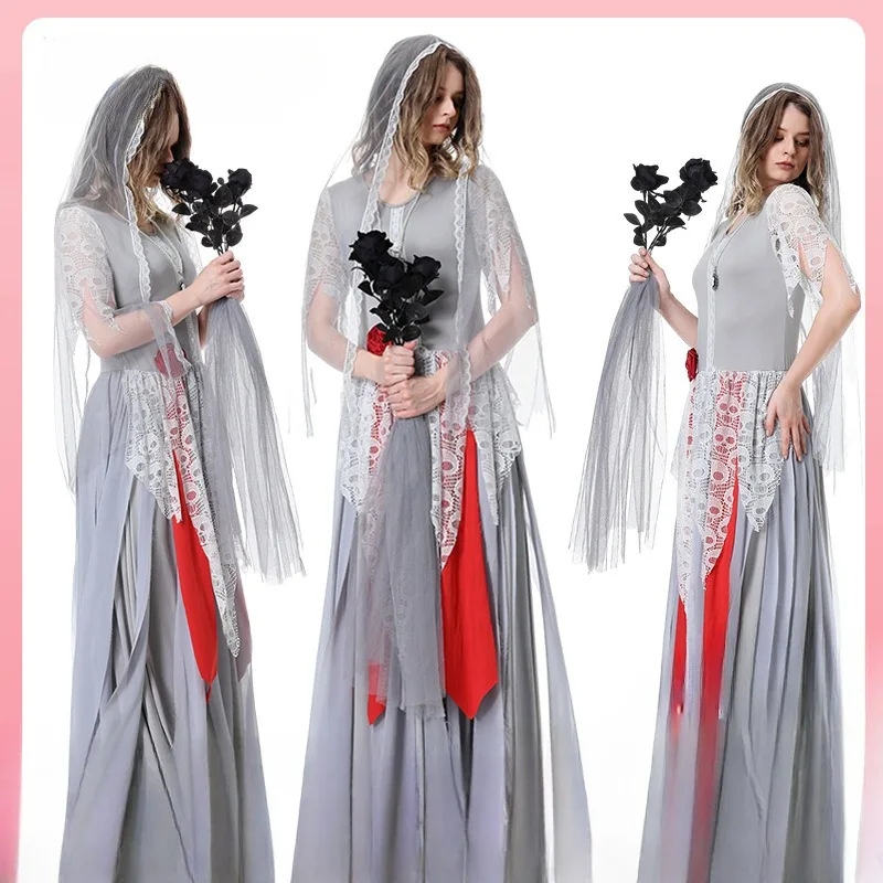 2024 Halloween Costume Ghost Bride Witch Cosplay Dress with Veil Skull Printed Evening Gowns cosplay Stage Performance Costumes