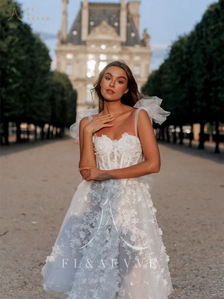 فستان زفاف FL&AEVVE مخصص بأشرطة قصيرة من التل على شكل حرف a على شكل زهور فستان سهرة طويل من vestidos de novia برقبة على شكل قلب مشد