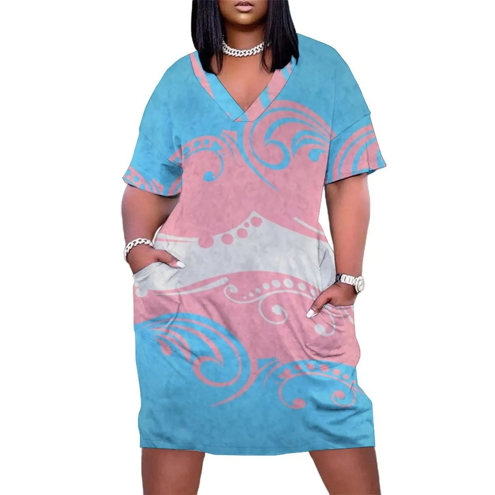 

Fancy Swooped and Swirled Transgender Pride Flag Background Loose Pocket Dress Woman fashion summer clothes for women