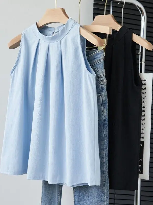 

Summer New Design Korean Sle Svel Ne Hanging Loose Pure Color Vest Women's Faionable Top round Ne ort Sve