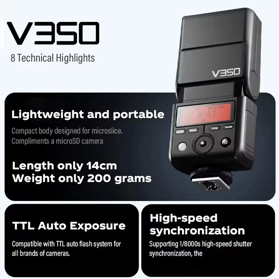 Godox V350 C/N/S/O/F Camera Flash with TTL Hi-Speed Second-Curtain Sync Mode -7 to +90° Bounce Adjustment for Photography Flash