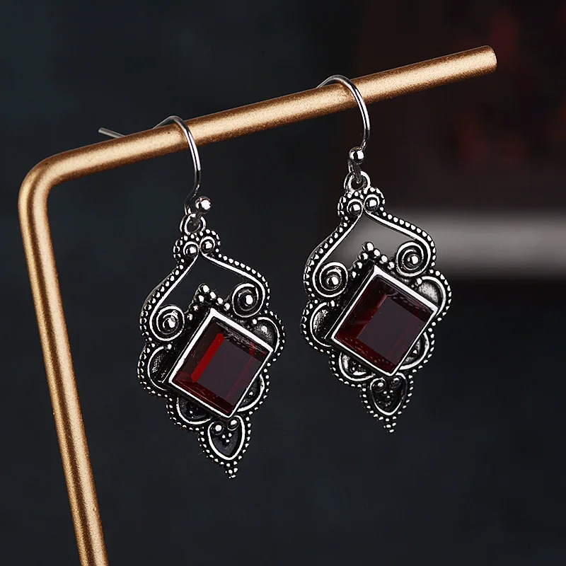 Square S925 Retro Silver color Earrings Brincos for Charm Women Mujer Oreja Bizuteria Peridot Gemstone garnet Earrings Orecchini - Image 2