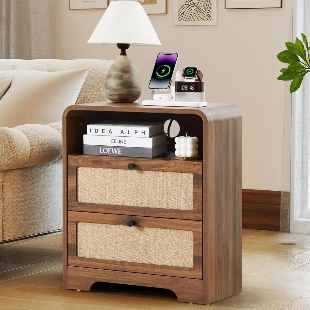 Modern Nightstand with Charging Dock, Dual Drawers, USB/Type-C Ports, Elegant Wooden Side Table for Living or Bedroom, Natural L