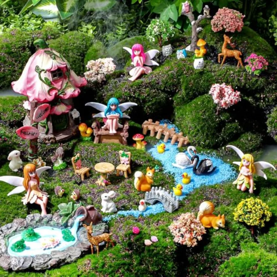 

106 Pcs Resin Fairy House Garden Figurines Kit Outdoor Micro Landscape Terrarium Ornaments in Wildflower Butterfly Mushroom Col
