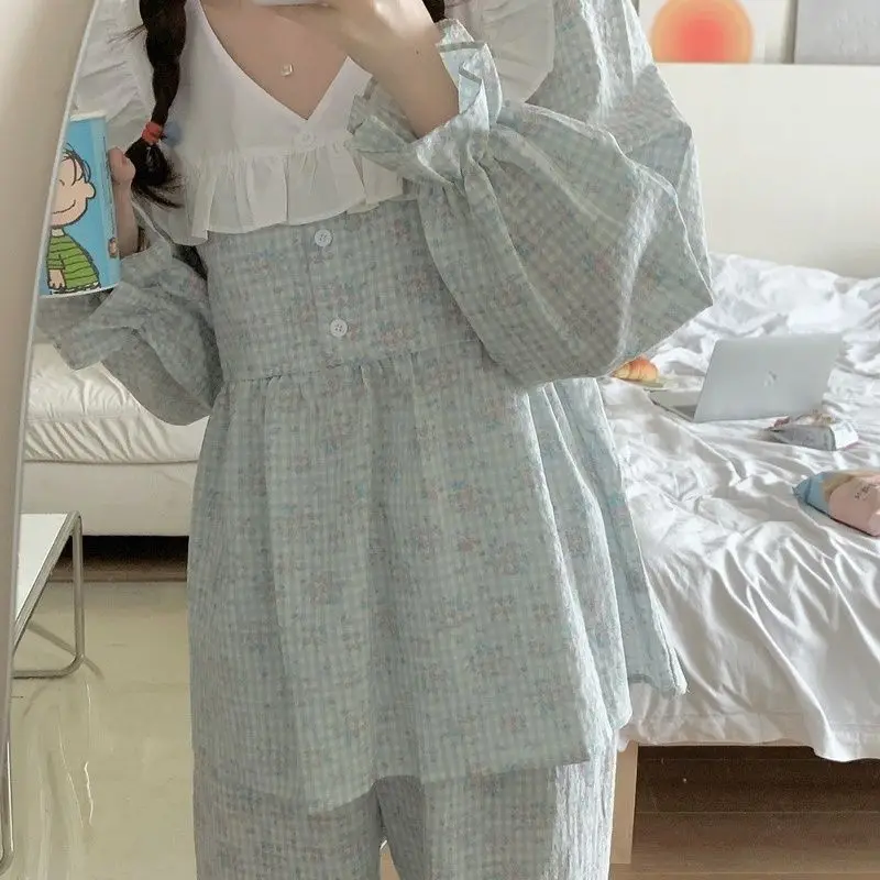 Pajama Sets Women Sweet Patchwork Aesthetic Floral Plaid Girls Sleepwear Korean Style Ins Spring Home Pijamas Faddish Creativity