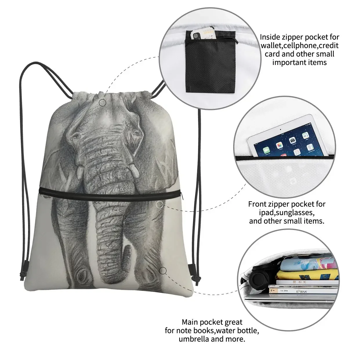 Mochilas portátiles de elefante blanco y negro para hombre y mujer, bolsa con cordón, paquete de bolsillo, bolsas de almacenamiento para viajes, deporte