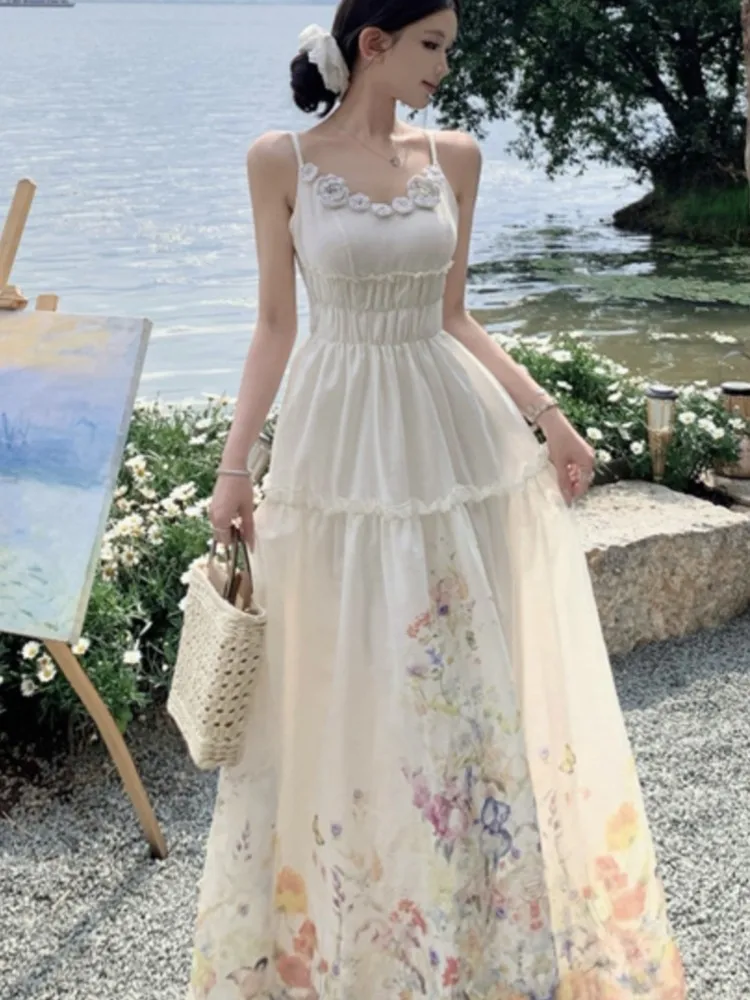 ผู้หญิงปาร์ตี้วันหยุดฤดูร้อนชุดยาวสง่างามสายรัดปาเก็ตตี้เก๋แขนกุดพิมพ์ลายดอกไม้วินเทจเดรสวันหยุดชายหาดโบโฮ