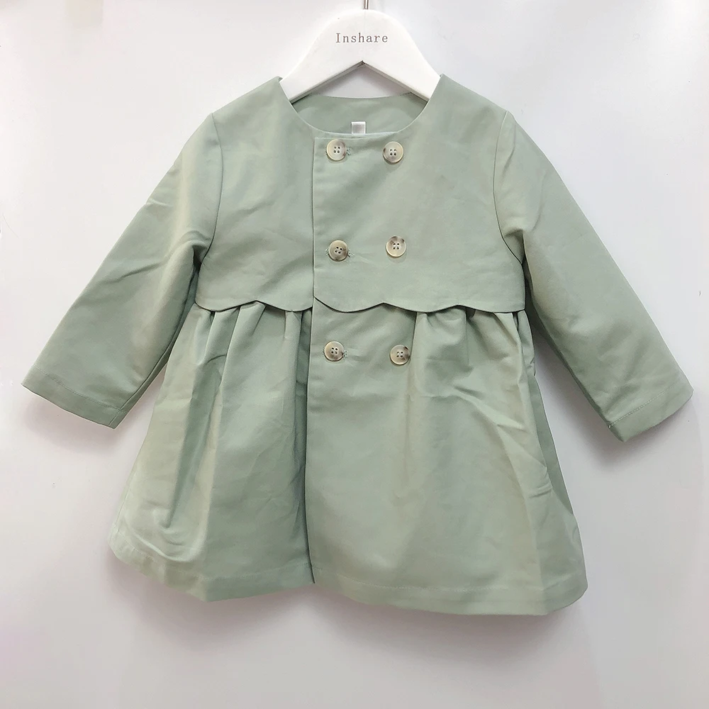 

Children Boutique Clothing Autumn Girls Green Long-Sleeved Windbreaker Cotton Double Breasted Coats WIndproof Fashion Vintage