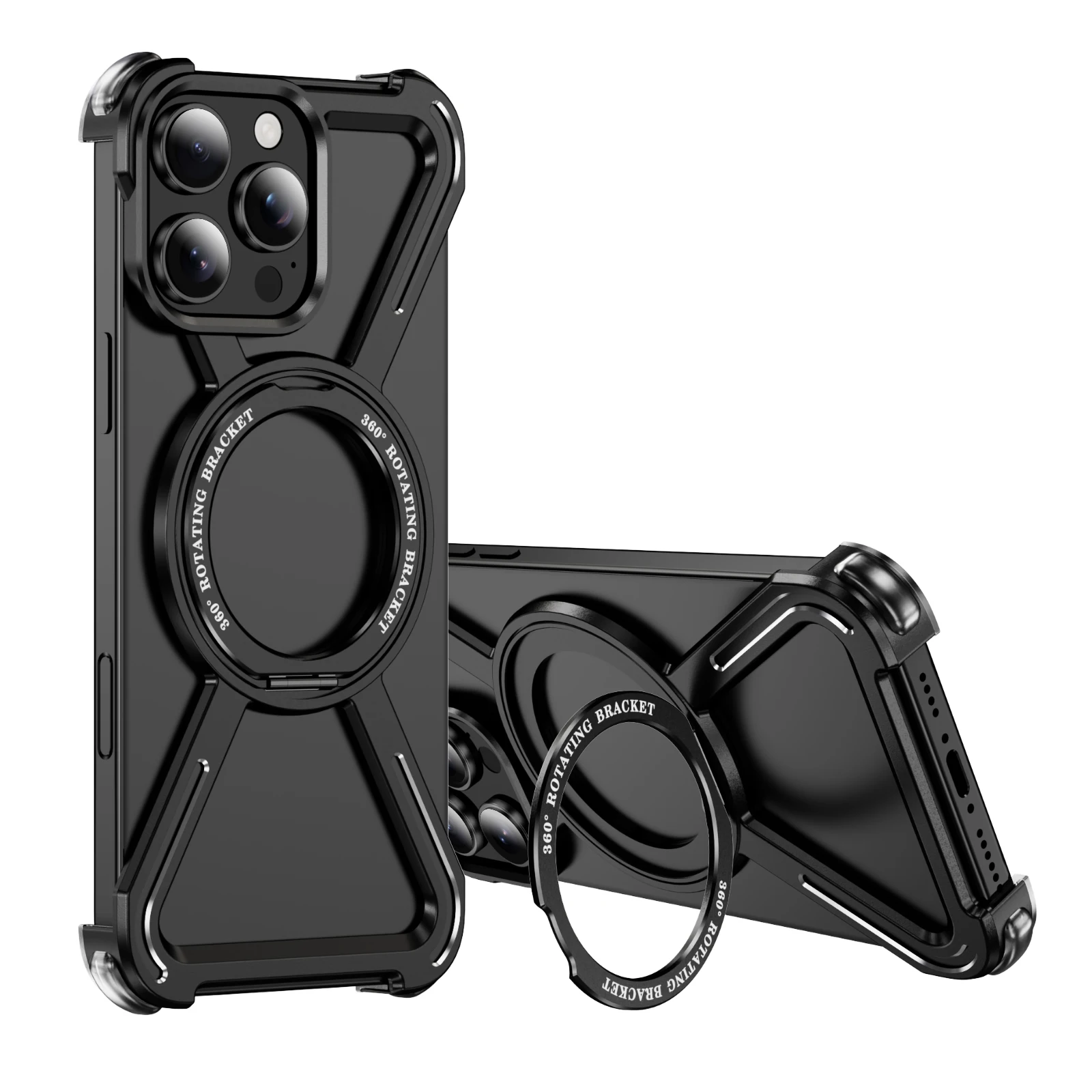 

Military armor Aluminum Alloy Rimless Magnetic Phone Case For iphone 16 15 14 13 Pro Plus Max Metal Stand Airbag protection case