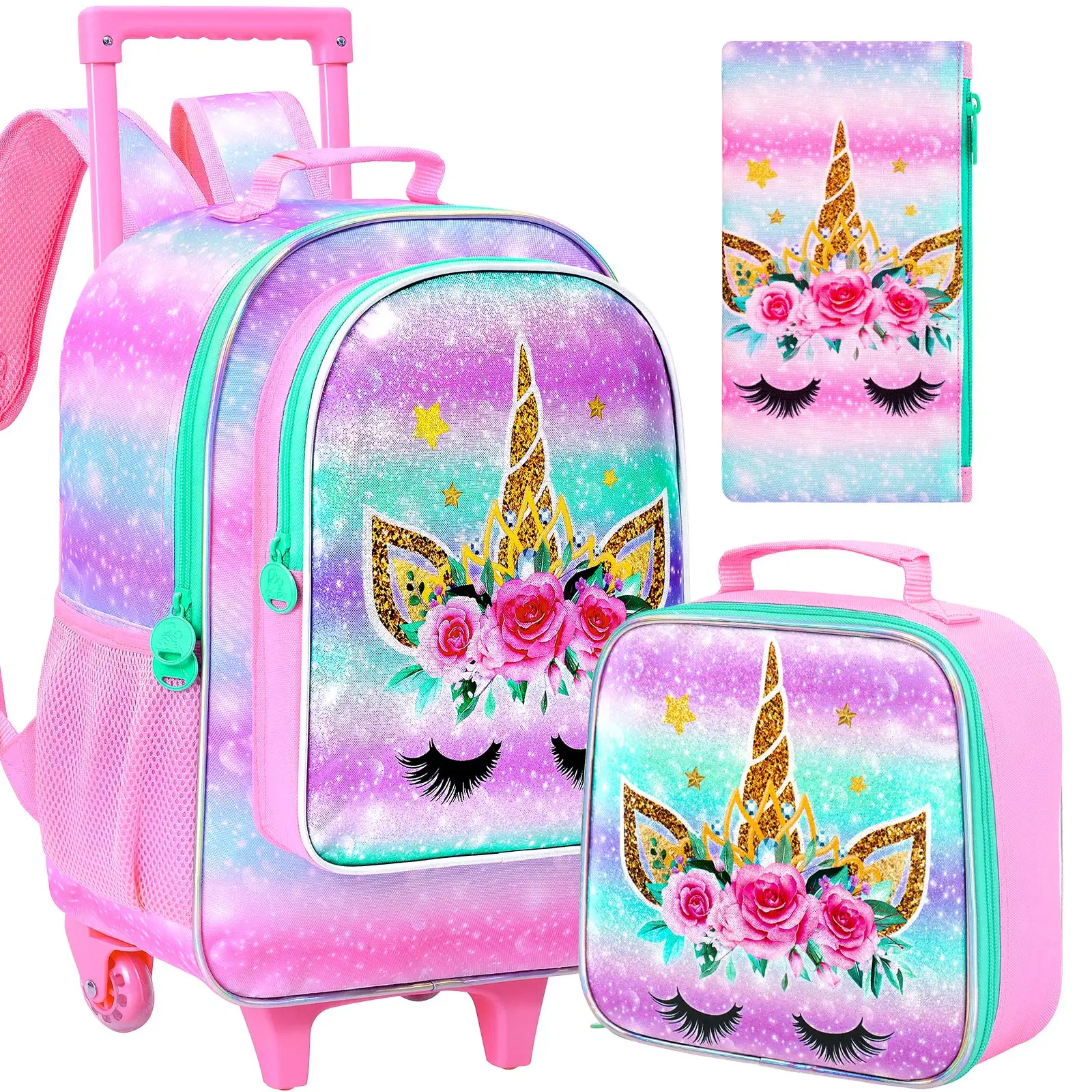 

3Pcs Unicorn Rolling Backpack for Girls, 18" Kids Roller Wheels School Bookbag Set, Travel Wheeled School Bag for Toddler Elemen