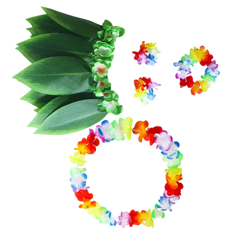 

5Pcs Hula Skirt Set Hawaiian Costume Xl Stretch Green Grass Luau Party Supplies Bracelets Headband Tropical Beach