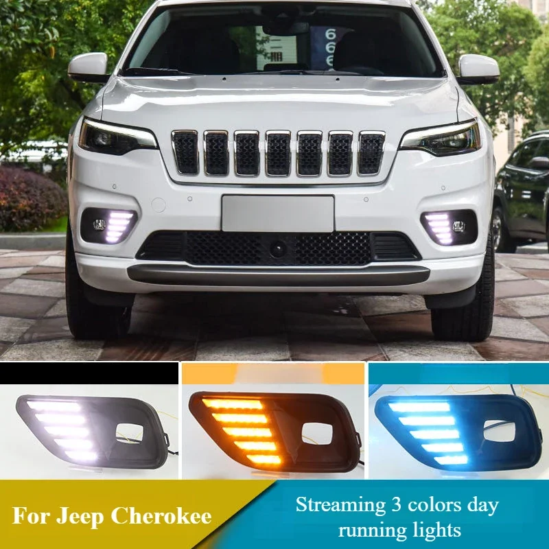 

For Jeep Cherokee 2018 2019 Led Daytime Running Light Front Bumper Fog Lamp with Dynamic Turn Singal Night Blue DRL Day Light
