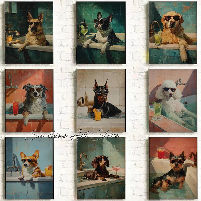Pet Dog with Cocktails Corgi Golden Retriever Bulldog Yorkie Shepherd in Bathtub Funny Art Poster Canvas Painting Wall Pictures