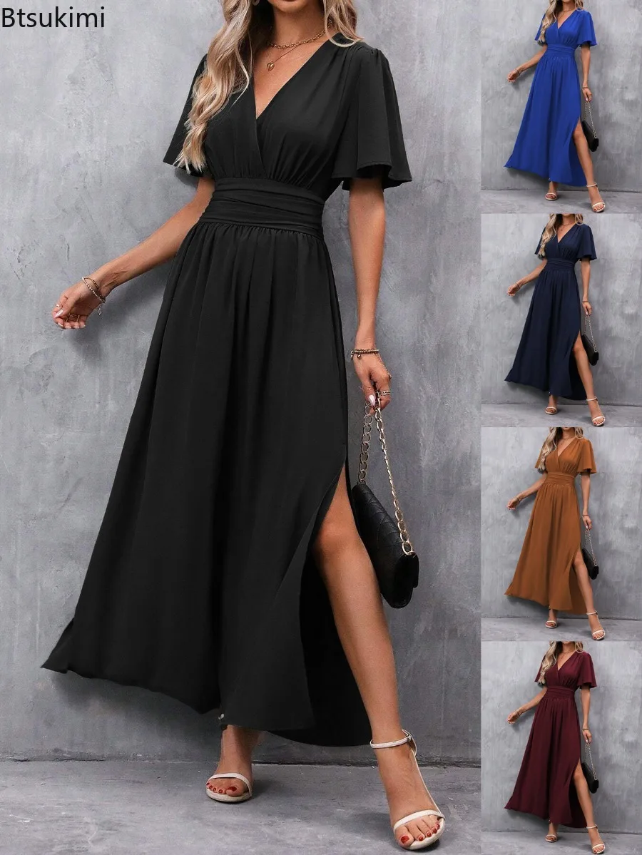 

Women Summer New Pure Color V-neck Bell Sleeve Elastic Waist Slimming Long Dress Fashion Elegant Casual High Waist Maxi Dress