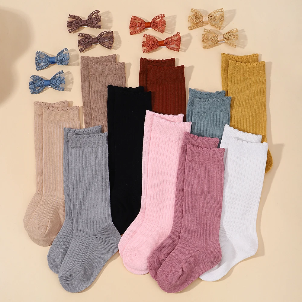 

6-10 Years Girls Soft Knit Socks Cute Hairpins Set Handmade Elastic Breathable Stockings Hairclip Baby Hair Accessories Gift