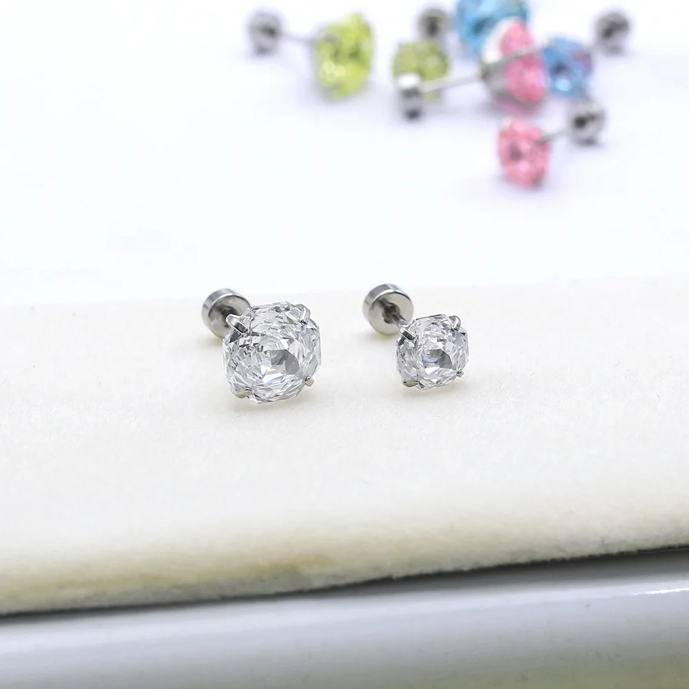 1 Stück 6/8mm Mehrseitiger Zirkon Ohrstecker mit Schraubverschluss 20G für Männer und Frauen aus 316L Edelstahl mit AAA Zirkonen – Detail 1