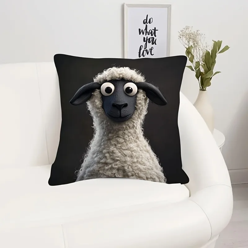 Funda de Almohada con Diseño de Oveja de Dibujos Animados, Funda de Cojín con Diseño de Animal Peludo en Blanco y Negro para Sala de Estar, Dormitorio, Decoración del Hogar, Regalo