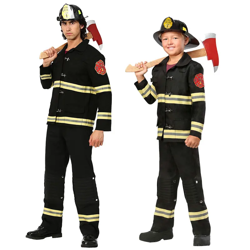 Halloween Children's Day stage performance Adult children's black firefighter rescue team uniform costume