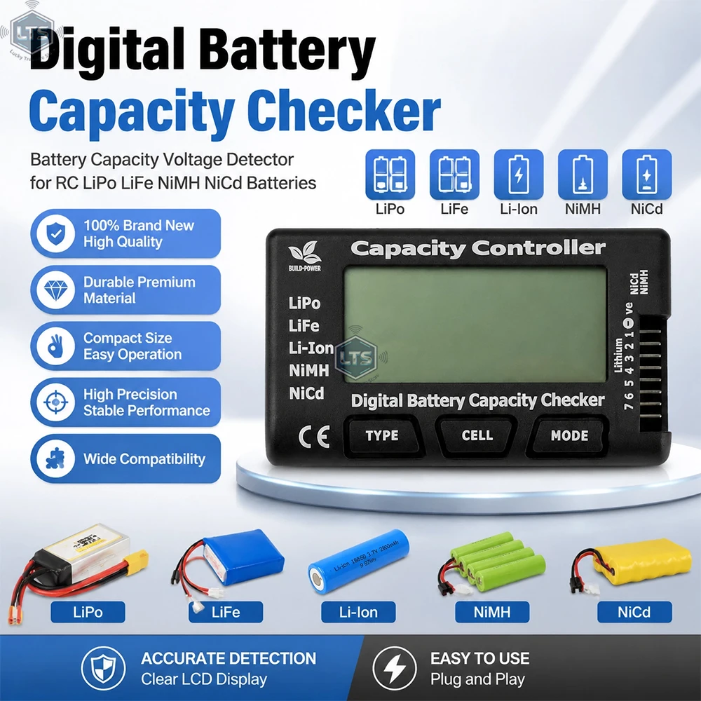 

Digital Battery Tester LCD Display LiPo LiFe Li-ion Nicd NiMH Battery Capacity indicator Voltage Detector Capacitance Diagnostic