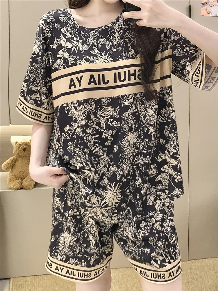

Women's Ice Silk Spwear Summer ort Sve orts Thin Home Clothes Set Comfortable Classic Sle Print Soft Lightweight